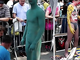 Naked Oriental Lad's body is painted in public