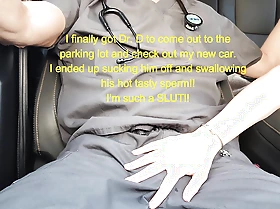The Slutty RN gives Dr. "D" a blowjob in her car.  Sucks dick, licks balls, deepthroats and guzzles his load.