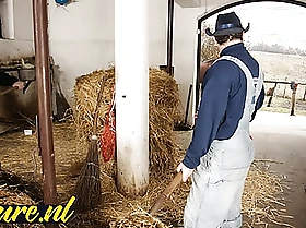 Hairy horse tamer double permeated in horse stable for their way first time