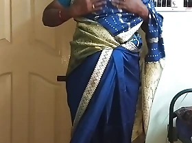 des indian horny numero uno tamil telugu kannada malayalam hindi become man vanitha wearing blue colour saree  showing obese boobs increased by bald pussy press steadfast boobs press nip rubbing pussy objurgate